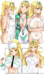 1girl apron blonde_hair blush breasts cleavage cleavage_cutout closed_eyes clothing_cutout hand_up highres icoo large_breasts long_hair long_sleeves multiple_views mythra_(xenoblade) naked_apron navel_cutout one-piece_swimsuit ponytail profile shirt_cut_meme sideboob simple_background swimsuit towel underboob white_apron white_background white_headwear white_swimsuit xenoblade_chronicles_(series) xenoblade_chronicles_2 yellow_eyes 