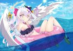  1girl absurdres azusa_(blue_archive) bikini blue_archive breasts cloud flower frilled_bikini frills hair_ornament halo hat highres huge_filesize long_hair looking_at_viewer pvug4274 solo summer sunlight swimsuit water white_hair wings 