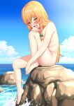  1girl :d absurdres ass blonde_hair blue_sky blush bow braid commentary_request completely_nude day exhibitionism fang from_side full_body green_bow hair_between_eyes hair_bow hand_on_own_knee heart heart-shaped_pupils highres kirisame_marisa knee_to_chest knee_up leaning_forward legs long_hair looking_at_viewer naughty_face nude ocean open_mouth outdoors public_nudity single_braid sitting_on_rock sky smile solo suggestive_fluid symbol-shaped_pupils thighs touhou very_long_hair wet yamajun_(junyamaekaki) yellow_eyes 