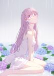  1girl arm_support arms_between_legs bangs bare_arms bare_legs barefoot blue_flower blurry blurry_background breasts cleavage commentary dress earrings flower flower_earrings full_body grey_background hazuki_natsu head_tilt highres hydrangea jewelry long_hair looking_at_viewer making-of_available medium_breasts original parted_lips purple_eyes purple_flower purple_hair ripples signature simple_background sitting solo spaghetti_strap wariza white_dress 