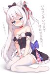  1girl 3: animal_ears apron aqua_eyes azur_lane bangs bare_shoulders blush bow breasts cat_ears cat_hair_ornament choker cleavage collarbone commentary_request detached_sleeves eyebrows_visible_through_hair eyes_visible_through_hair hair_bow hair_ornament hair_ribbon hairband hammann_(azur_lane) highres irokari long_hair looking_away no_shoes one_side_up retrofit_(azur_lane) ribbon sidelocks sitting small_breasts solo thighhighs translation_request tsundere wariza white_background white_hair white_legwear zettai_ryouiki 
