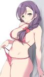  1girl bikini bow braid braided_ponytail breasts closed_mouth deyuuku green_eyes hair_bow large_breasts long_hair looking_at_viewer love_live! love_live!_school_idol_project purple_hair red_bikini red_bow smile solo striped striped_bikini swimsuit toujou_nozomi 