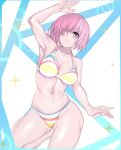  1girl armpits artist_request blush fate/grand_order fate_(series) mash_kyrielight one_eye_covered pink_hair purple_eyes short_hair swimsuit swimsuit_of_perpetual_summer_ver.02 thighs 