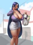  1girl bag blue_hair breasts choker cleavage commentary curvy earrings eggplant eu03 fate/grand_order fate_(series) huge_breasts jewelry long_hair looking_at_viewer minamoto_no_raikou_(fate) radish shopping_bag skirt smile solo thick_thighs thighs very_long_hair wide_hips 