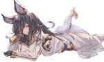  1girl animal_ears black_gloves black_hair blush boots breasts closed_mouth commentary_request eyes_visible_through_hair feet_out_of_frame gloves granblue_fantasy hair_over_one_eye high_heel_boots high_heels ilsa_(granblue_fantasy) jacket long_hair long_sleeves looking_at_viewer lying medium_breasts on_stomach pants red_eyes simple_background sleeves_past_wrists solo tota_(sizukurubiks) very_long_hair white_background white_footwear white_jacket white_pants 