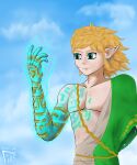  1boy artist_name bare_pectorals blonde_hair blue_eyes blue_sky cloud cloudy_sky earrings glowing glowing_eyes glowing_hand highres jewelry light_particles lightning link long_hair messy_hair pectorals pointy_ears richart rope_belt self_upload single_bare_shoulder sky tattoo the_legend_of_zelda the_legend_of_zelda:_breath_of_the_wild the_legend_of_zelda:_breath_of_the_wild_2 torn_clothes 