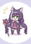  1girl :3 :d animal_ears bangs black_hair black_legwear book cat_ears cat_tail chibi commentary_request detached_sleeves drill_hair eyebrows_visible_through_hair eyes_visible_through_hair frilled_skirt frills full_body green_eyes hair_between_eyes highres karyl_(princess_connect!) kashimu long_hair looking_at_viewer multicolored_hair open_mouth princess_connect! sidelocks simple_background skirt smile solo staff streaked_hair tail thighhighs twin_drills twintails two-tone_hair zettai_ryouiki 