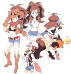  1girl :d ;d ass bag bare_shoulders baseball_cap bikini bikini_top black_vest blue_eyes blue_shorts boots breasts brown_hair brown_vest burger cleavage clenched_hand closed_mouth cowboy_boots cowboy_hat eating food from_behind gen_5_pokemon grin hat high_ponytail highres hilda_(pokemon) inkerton-kun looking_to_the_side midriff multiple_views navel no_hat no_headwear one_eye_closed open_mouth poke_ball poke_ball_(basic) pokemon pokemon_(creature) pokemon_(game) pokemon_bw shirt shorts shoulder_bag simple_background smile swimsuit tepig vest white_background white_shirt wristband 