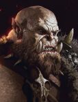  1boy absurdres bald beard black_background brown_eyes commentary english_commentary facial_hair fangs from_side fur_trim highres kalmahul legendarium male_focus orc pointy_ears realistic solo teeth the_lord_of_the_rings wrinkled_skin 