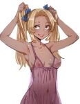  1girl :d blonde_hair blue_bow blush bow bow_(bhp) breasts bunching_hair dark-skinned_female dark_skin fang hair_bow hands_above_head hands_up inverted_nipples long_hair medium_breasts navel nightgown nipples open_mouth original simple_background smile solo sweatdrop twintails upper_body white_background yellow_eyes 