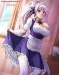  absurdres clothes_lift dress dress_lift fire_emblem fire_emblem:_genealogy_of_the_holy_war fire_emblem_heroes hair_ribbon hand_on_own_chest highres ishtar_(fire_emblem) looking_at_viewer maid maid_headdress ponytail purple_eyes ribbon thighhighs vilde_loh_hocen white_hair window 