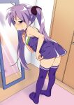  1girl adjusting_clothes bedroom blush cheerleader embarrassed full-length_mirror hair_ribbon highres hiiragi_kagami hotaru_iori ichimi_renge indoors leaning_forward long_hair looking_back lucky_star no_shoes purple_eyes purple_hair purple_legwear ribbon sleeveless solo standing sweatdrop thighhighs tsurime twintails very_long_hair 