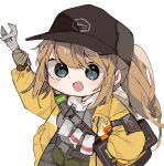  1girl bans baseball_cap belt belt_buckle buckle byako_(srktn) commission deele_(girls&#039;_frontline) dima_(girls&#039;_frontline) genderswap genderswap_(mtf) girls&#039;_frontline gloves green_eyes hat highres jacket long_hair open_mouth ponytail rogue_division_agent solo tactical_clothes tom_clancy&#039;s_the_division watch wrench yellow_jacket 