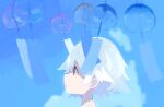  1girl blue_background highres natsu-no-kamisama original parted_lips portrait profile shadow short_hair solo transparent white_hair wind_chime 