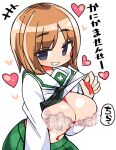  1girl black_eyes bra breasts brown_hair character_request clenched_teeth clothes_lift commentary_request eyebrows_visible_through_hair girls_und_panzer green_skirt heart kanikama large_breasts lifted_by_self looking_at_viewer navel ooarai_school_uniform school_uniform shirt shirt_lift short_hair simple_background skirt smile solo teeth translation_request underwear white_background white_shirt 