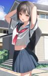  1girl :o armpits arms_up bag black_hair blue_sailor_collar blue_skirt blush brown_eyes building commentary_request day highres house looking_at_viewer midriff mottsun_(i_40y) navel neckerchief open_mouth original outdoors pleated_skirt red_neckwear sailor_collar school_bag school_uniform serafuku shirt short_hair short_sleeves skirt solo town white_shirt 