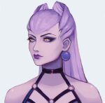  1girl bare_shoulders crescentkitten demon_girl earrings evelynn_(league_of_legends) eyeliner highres jewelry league_of_legends lipstick long_hair looking_to_the_side makeup open_clothes silver_hair solo the_baddest_evelynn yellow_eyes 
