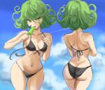  1girl ass bare_shoulders bikini black_bikini blue_sky breasts commentary curly_hair food green_eyes green_hair highres navel one-punch_man popsicle rakeemspoon short_hair side-tie_bikini sketch sky solo swimsuit tatsumaki 