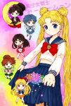  1boy 5girls aino_minako bishoujo_senshi_sailor_moon black_hair black_headwear black_jacket black_skirt blonde_hair blue_bow blue_hair blue_sailor_collar blue_skirt bow brown_hair cape chiba_mamoru crescent_moon diadem double_bun green_sailor_collar green_skirt hat hino_rei holding holding_clothes holding_mask holding_skirt jacket kino_makoto long_hair long_sleeves mask mizuno_ami moon multiple_girls mush_machou open_mouth orange_sailor_collar orange_shirt pink_bow pleated_skirt ponytail purple_bow red_bow red_sailor_collar red_skirt sailor_collar sailor_jupiter sailor_mars sailor_mercury sailor_senshi sailor_senshi_uniform sailor_venus shirt short_hair sitting skirt smile solo_focus star_(symbol) top_hat tsukino_usagi tuxedo tuxedo_kamen twintails very_long_hair white_shirt 