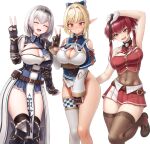  3girls :d ^_^ ^o^ absurdres anidante arm_up armor armored_dress arrow_through_heart ascot bangs bare_arms bare_shoulders belt belt_buckle belt_pouch black_armor black_choker black_gloves black_panties blonde_hair blue_bow blue_dress blush bodystocking bow braid breasts brooch brown_belt brown_footwear brown_gloves brown_legwear buckle buttons checkered chest_belt chest_guard choker cleavage cleavage_cutout closed_eyes closed_mouth clothes_theft clothing_cutout collared_dress commentary covered_navel covering covering_crotch crop_top crown_braid dark-skinned_female dark_elf dark_skin dress elf embarrassed eyebrows_visible_through_hair facing_viewer fingerless_gloves floral_print flower_knot gloves gold_trim grey_hair groin hair_between_eyes hair_bow hair_intakes hair_ribbon hand_up head_tilt heterochromia high_collar high_ponytail highres holding hololive houshou_marine jewelry knee_pads large_breasts layered_sleeves legs_together long_hair long_sleeves looking_at_another looking_down microdress miniskirt mole mole_on_breast multiple_girls nose_blush open_mouth orange_eyes panties panties_removed pauldrons pelvic_curtain pleated_dress pleated_skirt pointy_ears pouch print_legwear red_eyes red_hair red_neckwear red_ribbon red_skirt red_vest ribbon shiny shiny_hair shiranui_flare shirogane_noel short_hair short_over_long_sleeves short_sleeves shoulder_armor shoulder_cutout sidelocks single_pauldron single_thighhigh skirt sleeveless smile solo standing standing_on_one_leg tassel theft thighhighs tiara twintails underbust underwear underwear_theft v vest virtual_youtuber waist_cape white_gloves wide_sleeves wrist_guards yellow_eyes 