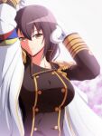  1girl azur_lane bangs breasts brown_hair commentary_request epaulettes gloves hair_between_eyes highres horns large_breasts long_hair long_sleeves looking_at_viewer makiri_akira mikasa_(azur_lane) military military_uniform smile solo uniform white_gloves yellow_eyes 