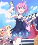  4girls :d :p a-chan_(hololive) absurdres ahoge amane_kanata aqua_eyes arms_up bag banner bare_arms black_hair blue_dress blue_eyes blue_sky breasts candy_hair_ornament cleavage cloud commentary_request cowboy_shot crescent crescent_earrings crescent_print crown day double_scoop dragon_horns dress drop_earrings earrings flat_chest food food-themed_hair_ornament food_stand glasses hair_ornament hair_ribbon halo hat head_on_table heterochromia highres himemori_luna holding holding_food hololive horns ice_cream ice_cream_cone jewelry kiryu_coco knight large_breasts layered_dress long_hair looking_at_viewer looking_back mini_crown multiple_girls negimiso1989 open_mouth outdoors pink_hair purple_eyes purple_hair red_eyes red_hair ribbon scrunchie shirt shopping_bag short_hair silver_hair sitting sky sleeveless sleeveless_dress smile star_(symbol) star_print table tokoyami_towa tongue tongue_out tsunomaki_watame very_long_hair white_shirt wrist_scrunchie yellow_scrunchie 