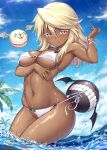  1girl arm_under_breasts armpits bangs bikini blonde_hair blue_sky blush breasts cleavage cloud commentary cowboy_shot creature dark-skinned_female dark_skin day eyebrows_visible_through_hair groin guilty_gear hair_between_eyes halter_top halterneck hand_up highres ivenglynn long_hair looking_at_viewer medium_breasts navel o-ring o-ring_bikini outdoors palm_tree parted_lips ramlethal_valentine side-tie_bikini sky solo standing stomach strap_pull swimsuit tree underboob water wet white_bikini yellow_eyes 