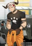  1boy animal_skull arm_tattoo bara black_shirt en&#039;en_no_shouboutai feet_out_of_frame green_eyes gumroad_username kienbiu looking_at_viewer male_focus mask mask_on_head muscular muscular_male neck_tattoo orange_pants pants patreon_username pectorals red_hair reward_available shirt short_hair sideburns skull_mask solo tattoo twitter_username vulcan_joseph 