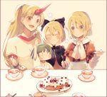  4girls :3 :d arm_up ascot atoki black_bow black_sleeves blonde_hair blush border bow breasts brown_dress brown_shirt cake closed_mouth commentary_request cuffs cup dress eyebrows_visible_through_hair feeding flower food fork giving green_eyes green_hair hair_bow hands_on_own_cheeks hands_on_own_face hands_up highres holding holding_fork horns hoshiguma_yuugi japanese_clothes kimono kisume kurodani_yamame long_hair medium_breasts mizuhashi_parsee multiple_girls oni open_mouth plate pointy_ears ponytail red_eyes red_horns saucer shackles shirt short_hair short_sleeves simple_background single_horn smile sugar_bowl tea teacup teapot touhou white_kimono white_neckwear white_shirt yellow_background |_| 