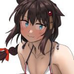  1girl adapted_costume ahoge bikini black_hair blue_eyes braid commentary_request ergot hair_flaps kantai_collection looking_at_viewer remodel_(kantai_collection) shigure_(kancolle) simple_background single_braid solo swimsuit upper_body white_background 