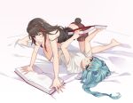  2girls absurdres animal_ears arknights bear_ears bear_tail bed_sheet black_shirt black_tank_top blue_eyes blue_hair blue_panties book brown_hair chinese_commentary grin highres holding holding_book hongbaise_raw istina_(arknights) long_hair looking_at_viewer monocle multicolored_hair multiple_girls one_eye_closed open_mouth panties ponytail reading red_hair red_shorts shirt shorts smile streaked_hair tail tank_top underwear white_shirt zima_(arknights) 