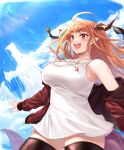  1girl :d ahoge black_legwear blonde_hair blue_sky breasts cloud day dragon_girl dragon_horns dragon_tail dress highres hololive horns jacket kiryu_coco large_breasts long_hair moisture_(chichi) multicolored_hair open_mouth orange_hair pointy_ears red_eyes red_jacket sky smile solo streaked_hair tail teeth thighhighs upper_teeth virtual_youtuber white_dress 