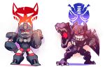  2boys animal ape beast_wars beast_wars:_transformers chibi clenched_teeth dinosaur evil_smile gorilla hand_on_hip maximal megatron_(beast_wars) multiple_boys no_humans optimus_primal predacon rariatto_(ganguri) red_eyes reptile rivals simple_background smile stern teeth thighs transformers tyrannosaurus_rex white_background 