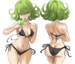  1girl ass bare_shoulders bikini black_bikini breasts commentary curly_hair food green_eyes green_hair highres navel one-punch_man popsicle rakeemspoon short_hair side-tie_bikini simple_background sketch solo swimsuit tatsumaki white_background 