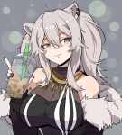  1girl ahoge aikohgin animal_ears black_jacket black_nails black_shirt breasts bubble_tea cleavage closed_mouth cup disposable_cup dotted_background drinking_straw fingernails fur-trimmed_jacket fur_trim grey_background grey_eyes highres holding holding_cup hololive huge_breasts jacket lion_ears lips long_hair looking_to_the_side shirt shishiro_botan sidelocks smile solo ssrb striped striped_shirt torc tsurime two_side_up vertical-striped_shirt vertical_stripes virtual_youtuber 