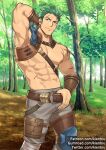  1boy abs armpits asymmetrical_clothes bara bare_pectorals belt_grab cross_scar dieck_(fire_emblem) facial_hair feet_out_of_frame fire_emblem fire_emblem:_the_blazing_blade fire_emblem_heroes forest green_eyes green_hair gumroad_username kienbiu large_pectorals leather_belt male_cleavage male_focus mature_male muscular muscular_male nature navel nipples outdoors patreon_username pectorals revealing_clothes reward_available scar scar_across_eye scar_on_arm scar_on_cheek scar_on_face scar_on_stomach short_hair sideburns sidepec smile solo standing stomach stubble thick_thighs thighs twitter_username 