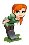  1girl alex_(minecraft) boots breasts brown_pants cleavage full_body green_eyes green_shirt hair_over_shoulder highres leaning_forward long_hair looking_to_the_side minecraft minus8 open_mouth orange_hair pants shirt short_sleeves simple_background small_breasts smile solo standing third-party_source 