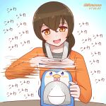  1girl bird bowl brown_hair commentary_request dated ice_shaver jacket kantai_collection long_hair long_sleeves mitchell_(dynxcb25) motion_blur open_mouth orange_eyes orange_jacket penguin shaved_ice smile solo souya_(kancolle) themed_object twitter_username 