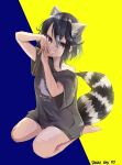 1girl alternate_costume animal_ears bare_legs barefoot black_shorts brown_eyes casual commentary_request common_raccoon_(kemono_friends) extra_ears eyebrows_visible_through_hair fang fingers_together grey_hair grey_shirt highres kemono_friends kneeling looking_at_viewer multicolored_hair nanana_(nanana_iz) raccoon_ears raccoon_girl raccoon_tail shirt short_hair short_shorts short_sleeves shorts smile solo t-shirt tail white_hair 