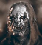 1boy absurdres bangs black_sclera blurry blurry_background brown_eyes brown_hair colored_sclera commentary english_commentary fangs green_eyes hand_of_saruman head highres kalmahul legendarium long_hair orc portrait realistic sharp_teeth short_pointy_ears teeth the_lord_of_the_rings wrinkled_skin 