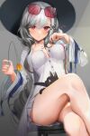  1girl asymmetrical_hair azur_lane black_cat black_headwear breasts buttons cat collarbone dress dunkerque_(afternoon_aphrodite)_(azur_lane) dunkerque_(azur_lane) eyewear_on_head grey_hair grey_jacket grey_skirt hair_ornament hairclip hat highres jacket jewelry long_hair looking_at_viewer medium_breasts nanam_(nanam_sk) necklace pleated_skirt red_eyes sitting skirt solo sun_hat sunglasses white_dress wide_sleeves 