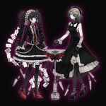  2girls bangs black_background black_dress black_footwear black_hair black_jacket black_legwear bonnet card celestia_ludenberg center_frills commentary_request danganronpa:_trigger_happy_havoc danganronpa_(series) danganronpa_v3:_killing_harmony dress drill_hair flower frills gloves gothic_lolita high_heels highres igoyo jacket lolita_fashion long_hair looking_at_another medium_hair multiple_girls necktie pantyhose playing_card print_neckwear red_eyes red_flower red_footwear red_neckwear shirt smile standing thighhighs toujou_kirumi twin_drills twintails white_shirt 