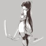  1girl ass breasts character_request closed_mouth dated dress ejami greyscale long_hair looking_at_viewer monochrome ponytail scythe sideboob signature simple_background solo thighhighs weapon 