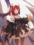  1girl absurdres arknights bare_shoulders collar demon_girl demon_horns dress faldues_(gavin_b) highres holding holding_weapon horns jacket kneehighs looking_at_viewer molten_rock purple_eyes red_hair spiked_collar spikes surtr_(arknights) weapon 