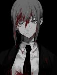  1girl bangs blood blood_on_face bloody_clothes bloody_hair braid business_suit chainsaw_man closed_mouth commentary_request formal greyscale highres jacket ktym_777 long_hair makima_(chainsaw_man) monochrome necktie ringed_eyes sidelocks simple_background single_braid solo spot_color suit upper_body 
