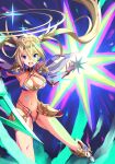  1girl absurdres angry armor bikini_armor blonde_hair blue_background blue_eyes boots bradamante_(fate) braid breasts cape crown_braid elbow_gloves fate/grand_order fate_(series) gloves halo highres knee_boots large_breasts legs legs_apart long_hair looking_at_viewer navel open_mouth polearm solo spear star_(symbol) twintails weapon white_cape white_gloves yuniyuni 