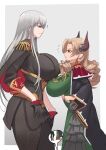  2girls ? bangs blonde_hair border box breasts draph dress drill_hair earrings epaulettes eyebrows_visible_through_hair from_side gloves granblue_fantasy green_dress grey_background half_gloves height_difference highres horns huge_breasts jewelry long_hair looking_down maria_theresa_(granblue_fantasy) military military_uniform multiple_girls orange_eyes pantyhose pointy_ears quad_drills red_eyes robe selvaria_bles senjou_no_valkyria silver_hair sleeves_folded_up standing standing_on_box stormcow uniform white_border 