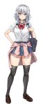  1girl absurdres alternate_costume amagi_(amagi626) bag black_legwear blouse blue_eyes bow bowtie braid brown_footwear clothes_around_waist commentary_request full_body hand_on_hip highres izayoi_sakuya looking_at_viewer loose_bowtie miniskirt pink_sweater pleated_skirt red_neckwear school_uniform shoes short_sleeves shoulder_bag silver_hair skirt solo sweater sweater_around_waist thighhighs touhou twin_braids white_background white_blouse zettai_ryouiki 