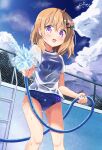  1girl aiming blue_sky blue_swimsuit chain-link_fence cloud commentary_request day empty_pool feet_out_of_frame fence gochuumon_wa_usagi_desu_ka? highres hose hoto_cocoa inakami looking_at_viewer orange_hair outdoors purple_eyes school_swimsuit shirt short_hair signature sky solo swimsuit water wet wet_clothes wet_shirt 