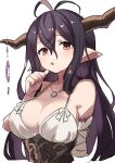  1girl :o bandaged_arm bandages black_hair breasts cleavage danua draph eyebrows_visible_through_hair gazacy_(dai) granblue_fantasy hair_between_eyes highres horns jewelry large_breasts long_hair looking_at_viewer necklace pointy_ears red_eyes simple_background solo upper_body white_background 
